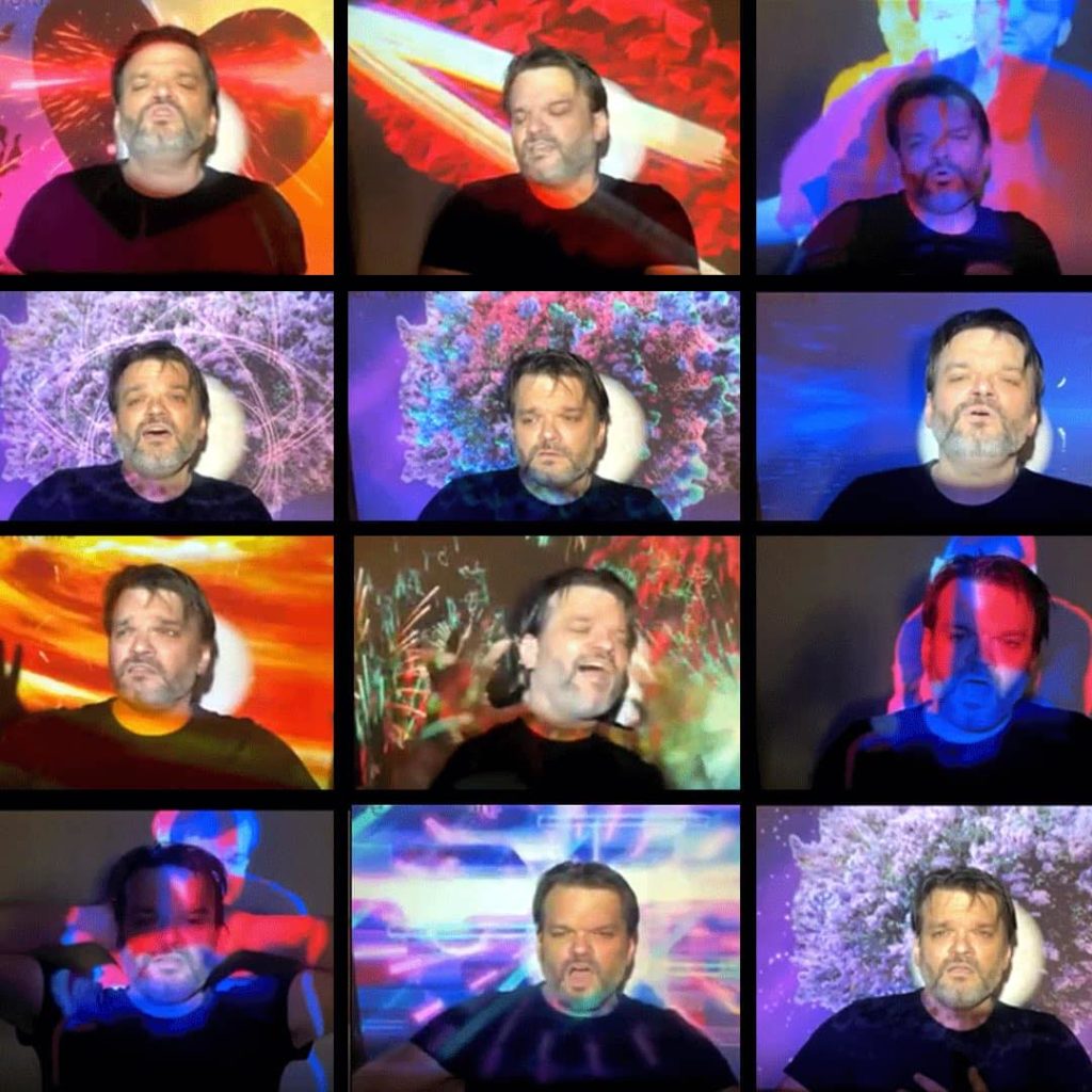 A grid of images of John Raymond Barker performing with projections